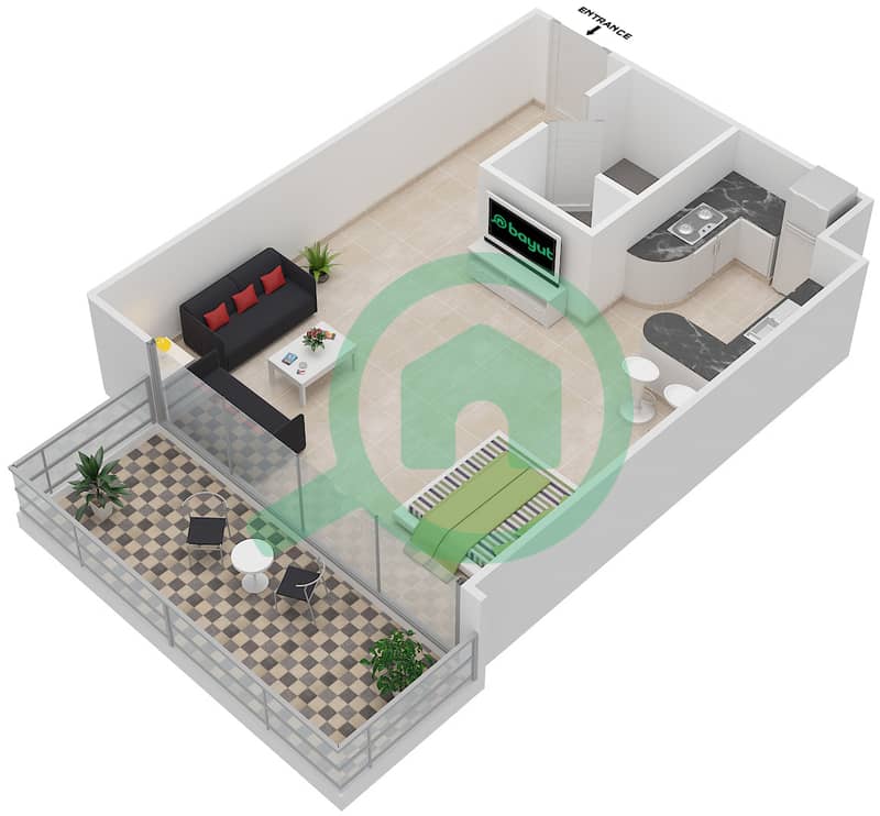麦迪逊住宅大厦 - 单身公寓类型／单位1B/15,16戶型图 interactive3D