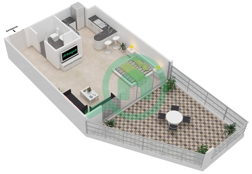 麦迪逊住宅大厦 - 单身公寓类型／单位1A/3-4,7-8,11-12戶型图 interactive3D