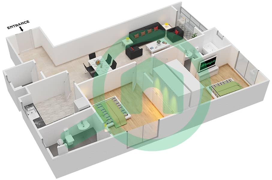 المخططات الطابقية لتصميم الوحدة 15 شقة 2 غرفة نوم - ريفييرا ريزيدنس interactive3D