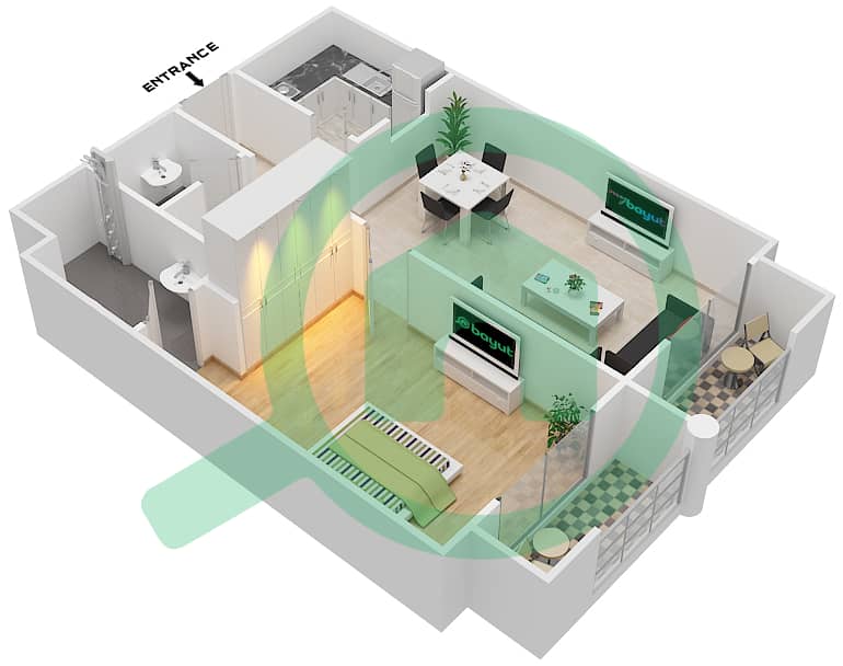 海滨公寓 - 1 卧室公寓单位13戶型图 interactive3D