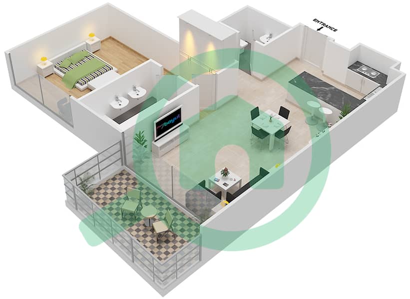 Майян 1 - Апартамент 1 Спальня планировка Тип 1A interactive3D