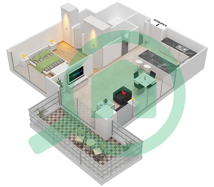 玛雅1号楼 - 1 卧室公寓类型1C.1戶型图 interactive3D
