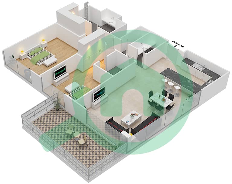 المخططات الطابقية لتصميم النموذج 2A شقة 2 غرفة نوم - مايان 1 interactive3D