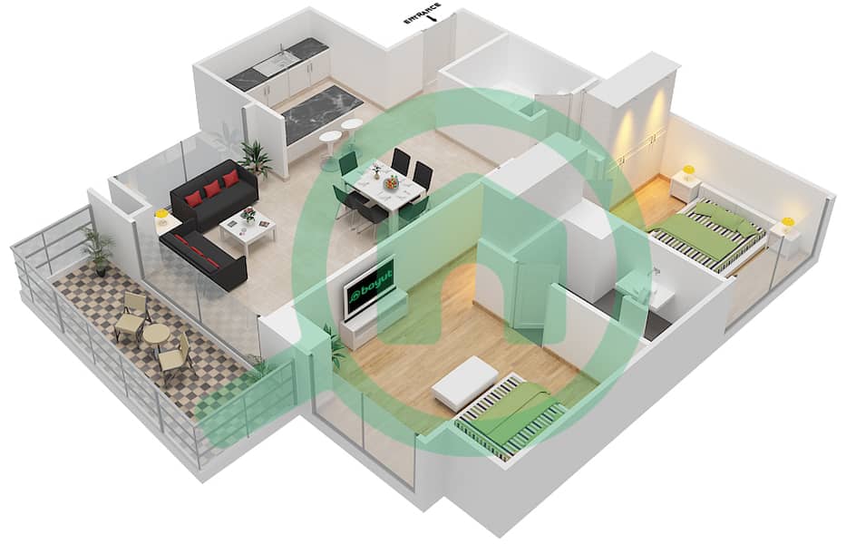 المخططات الطابقية لتصميم النموذج 2B شقة 2 غرفة نوم - مايان 1 interactive3D
