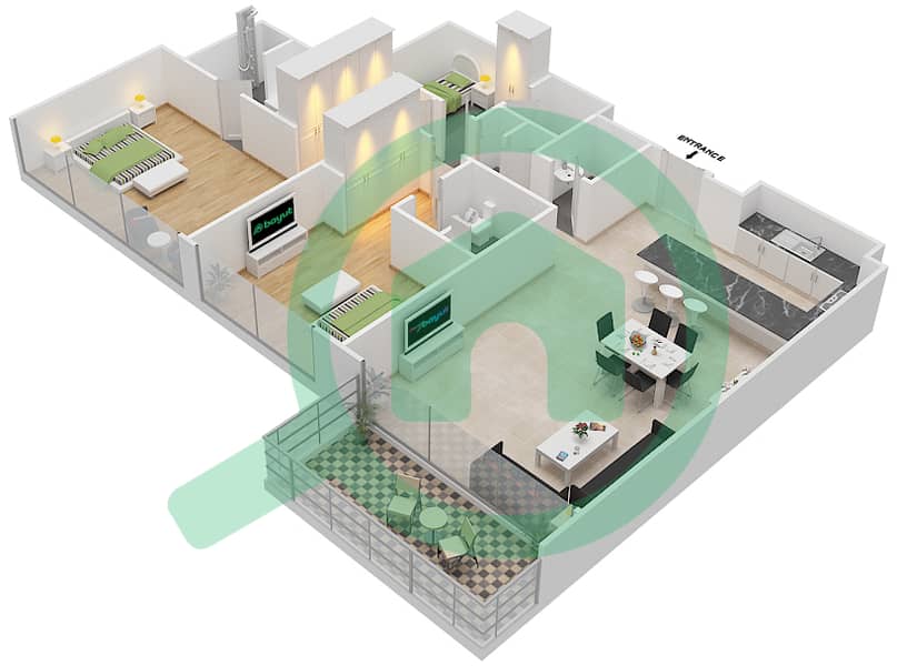 玛雅1号楼 - 2 卧室公寓类型2K.1戶型图 interactive3D