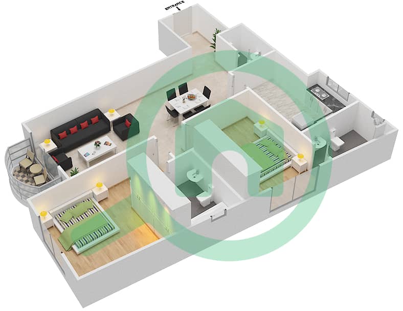 المخططات الطابقية لتصميم الوحدة 3 شقة 2 غرفة نوم - ريفييرا ريزيدنس interactive3D