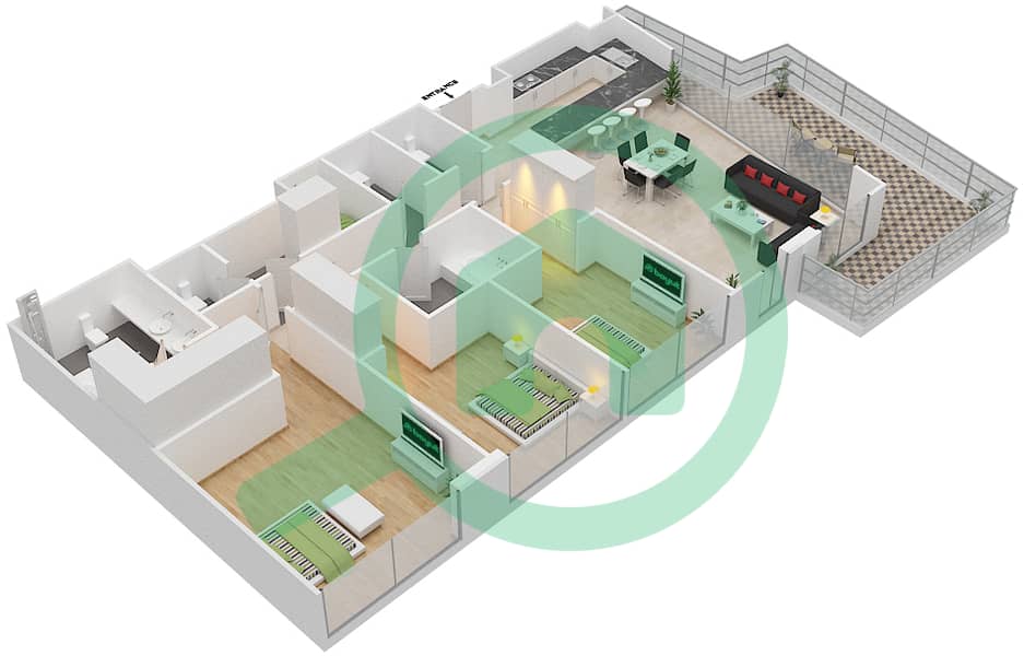 Майян 1 - Апартамент 3 Cпальни планировка Тип 3B interactive3D