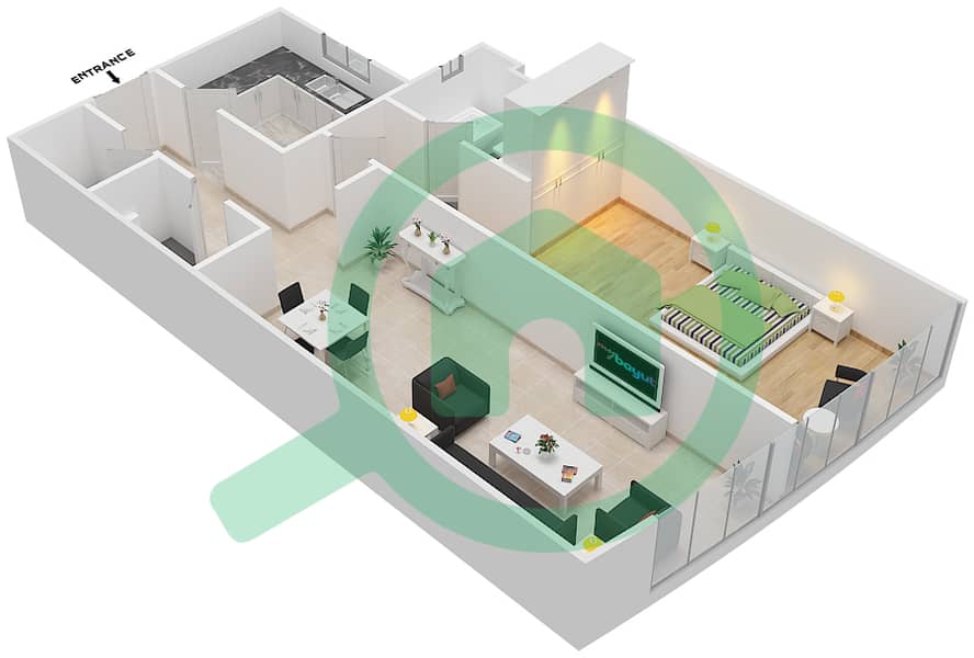 المخططات الطابقية لتصميم النموذج A شقة 1 غرفة نوم - ترافالجار إكزيكتيف interactive3D