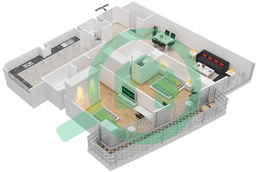 المخططات الطابقية لتصميم النموذج B شقة 2 غرفة نوم - ترافالجار إكزيكتيف interactive3D