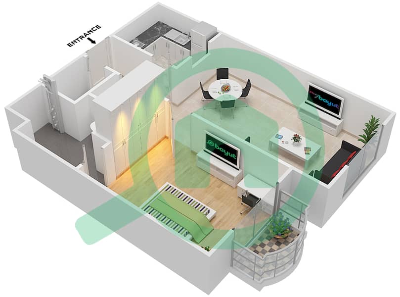 المخططات الطابقية لتصميم النموذج A شقة 1 غرفة نوم - ريفييرا دريمز interactive3D