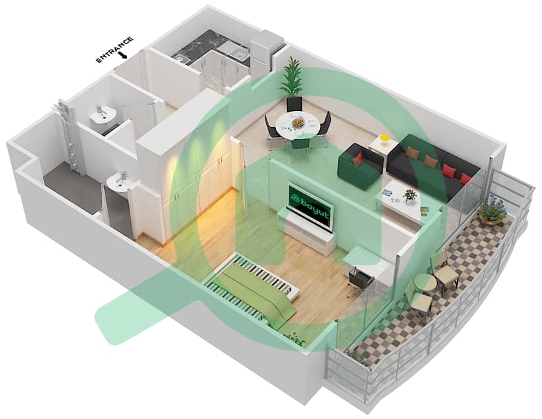 المخططات الطابقية لتصميم النموذج B شقة 1 غرفة نوم - ريفييرا دريمز interactive3D