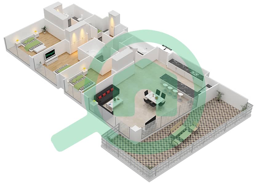 Майян 1 - Апартамент 3 Cпальни планировка Тип 3F interactive3D