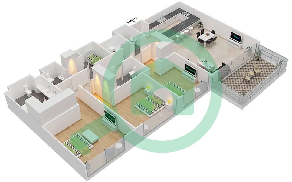 玛雅1号楼 - 3 卧室公寓类型3G戶型图 interactive3D