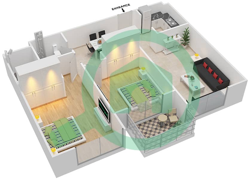 المخططات الطابقية لتصميم النموذج 1 شقة 2 غرفة نوم - لونز من دانوب interactive3D