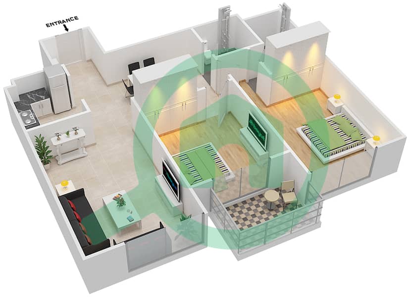 المخططات الطابقية لتصميم النموذج 2 شقة 2 غرفة نوم - لونز من دانوب interactive3D
