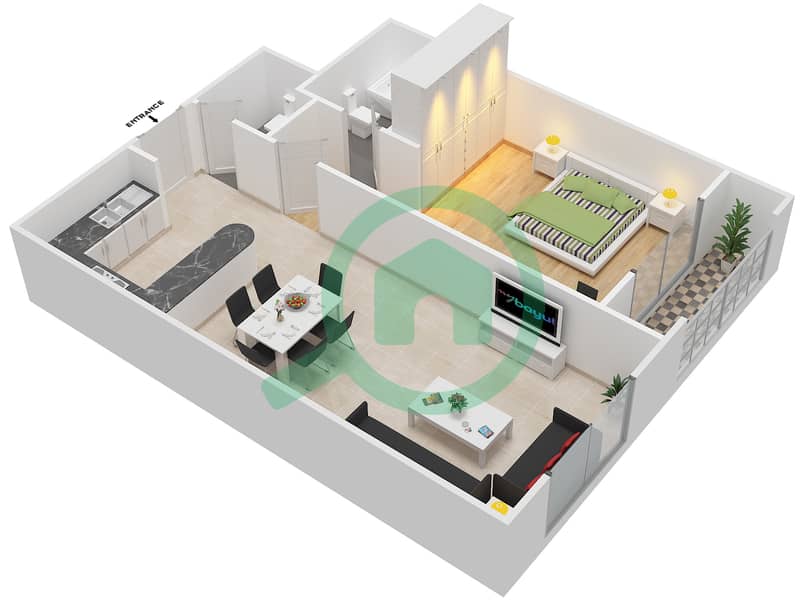Al Jawzaa - 1 Bedroom Apartment Type 14-15 Floor plan interactive3D