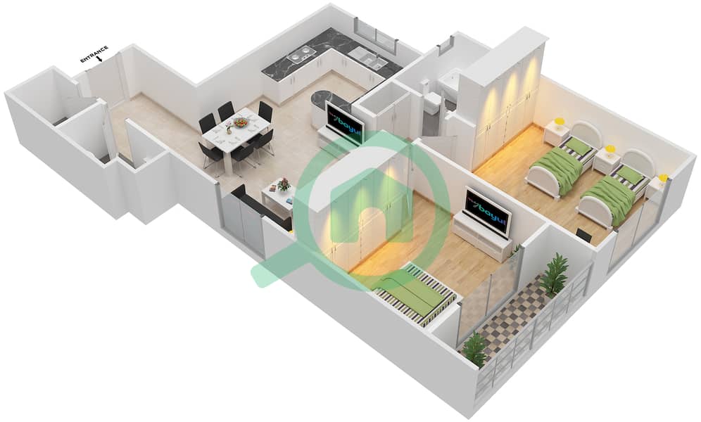 Аль Джаузаа - Апартамент 2 Cпальни планировка Тип 1-10-11-18 interactive3D