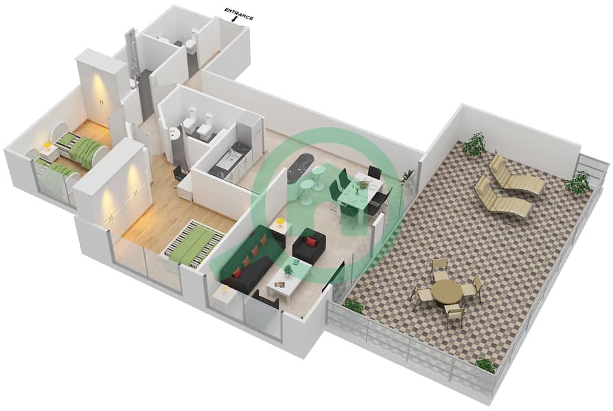Мангров Плейс - Апартамент 2 Cпальни планировка Тип J interactive3D