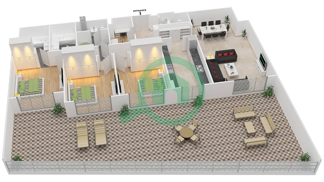 红树林广场 - 3 卧室公寓类型I戶型图 interactive3D