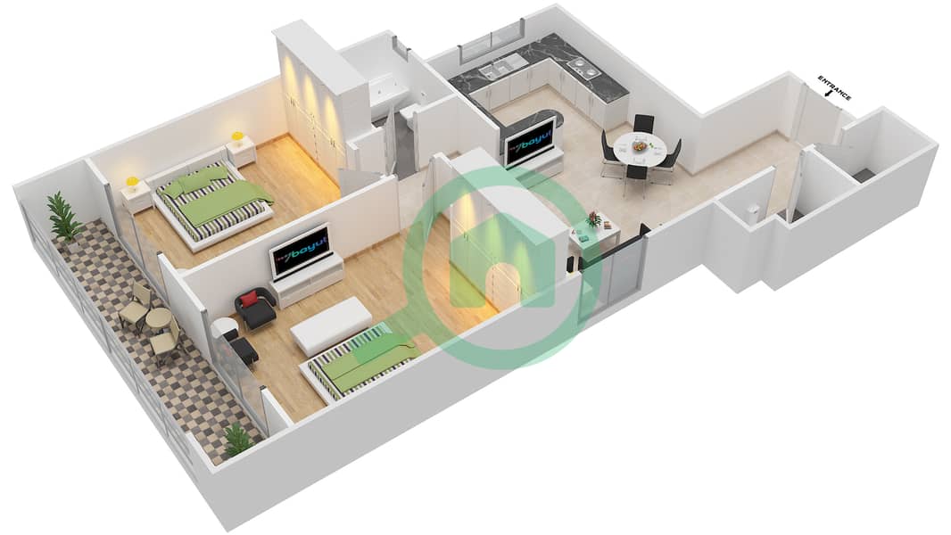 Аль Джаузаа - Апартамент 2 Cпальни планировка Тип 1-18 interactive3D