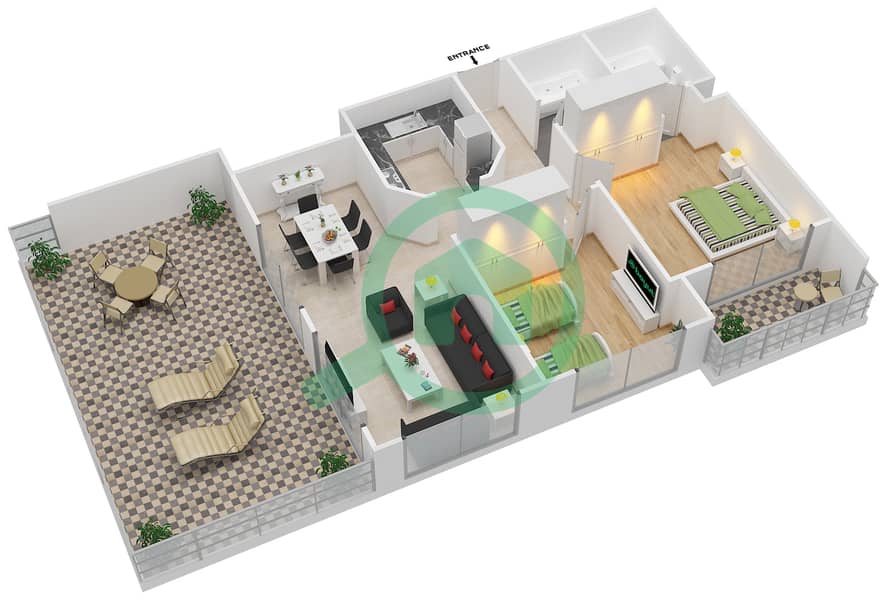 المخططات الطابقية لتصميم النموذج E شقة 2 غرفة نوم - مانغروف بليس interactive3D