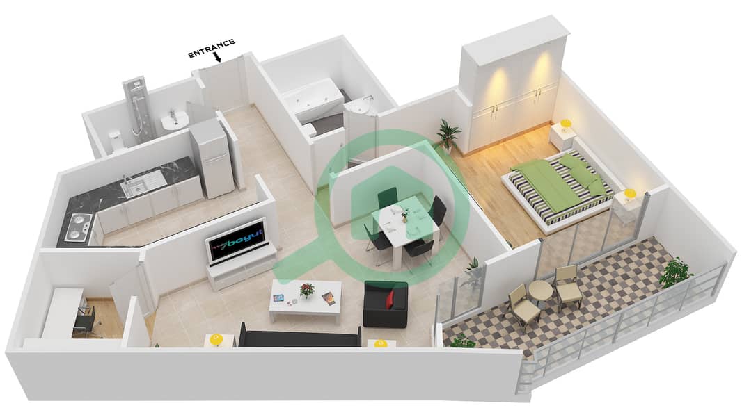 المخططات الطابقية لتصميم النموذج E شقة 1 غرفة نوم - مانغروف بليس interactive3D