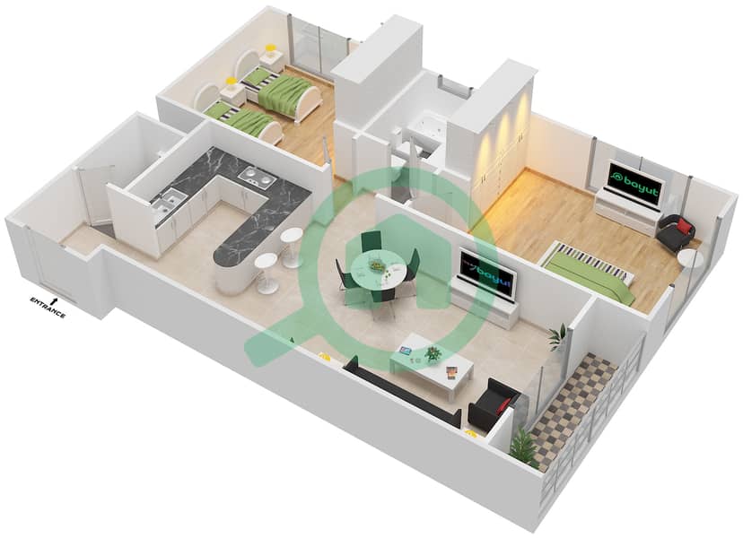المخططات الطابقية لتصميم النموذج 3-8-13-16 شقة 2 غرفة نوم - الجوزاء interactive3D