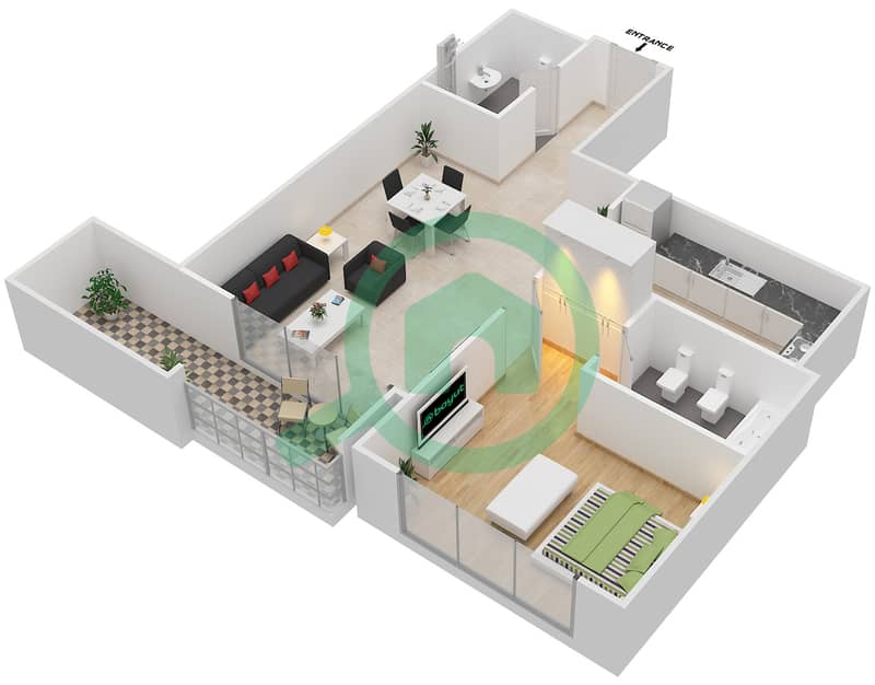 المخططات الطابقية لتصميم النموذج A شقة 1 غرفة نوم - مانغروف بليس interactive3D
