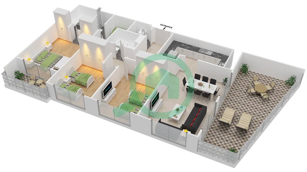 المخططات الطابقية لتصميم النموذج A شقة 3 غرف نوم - مانغروف بليس interactive3D