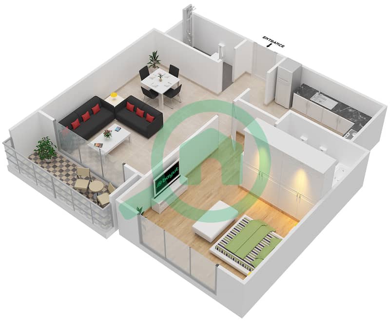 المخططات الطابقية لتصميم النموذج B شقة 1 غرفة نوم - مانغروف بليس interactive3D