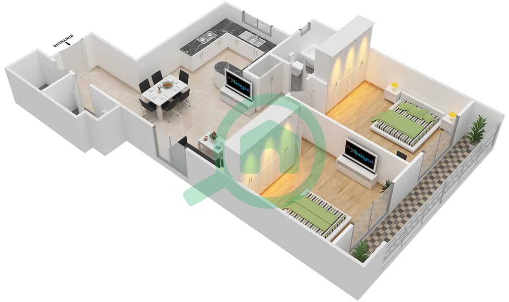 المخططات الطابقية لتصميم النموذج 10-11 شقة 2 غرفة نوم - الجوزاء interactive3D