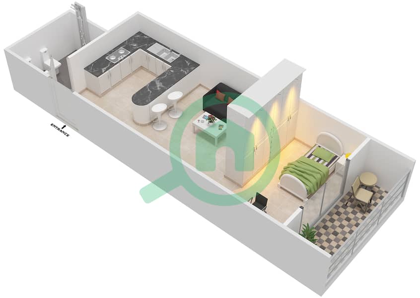 Al Jawzaa - Studio Apartment Type 2-9-12-17 Floor plan interactive3D