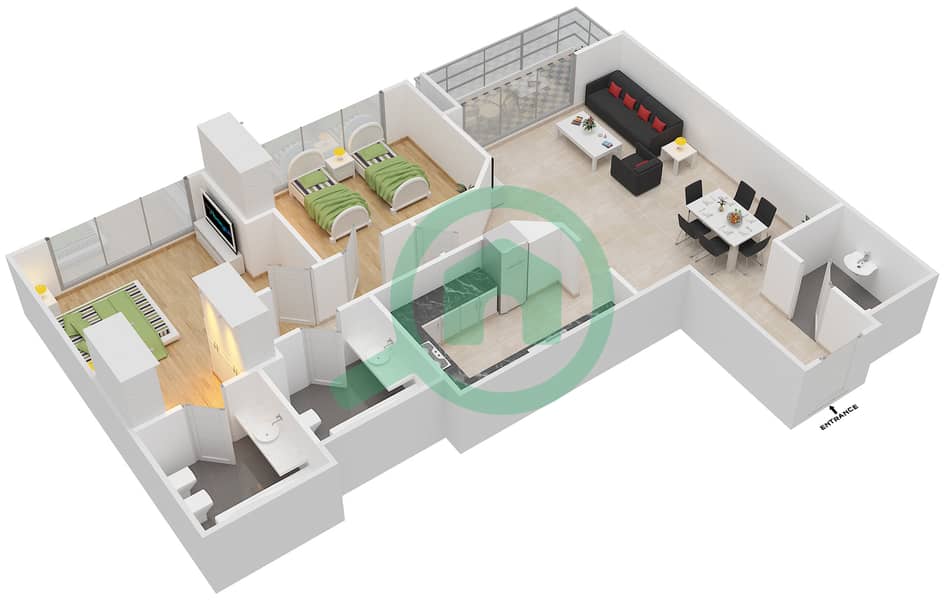 红树林广场 - 2 卧室公寓类型H戶型图 interactive3D