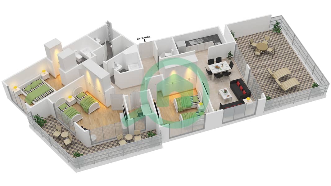 Мангров Плейс - Апартамент 3 Cпальни планировка Тип E interactive3D