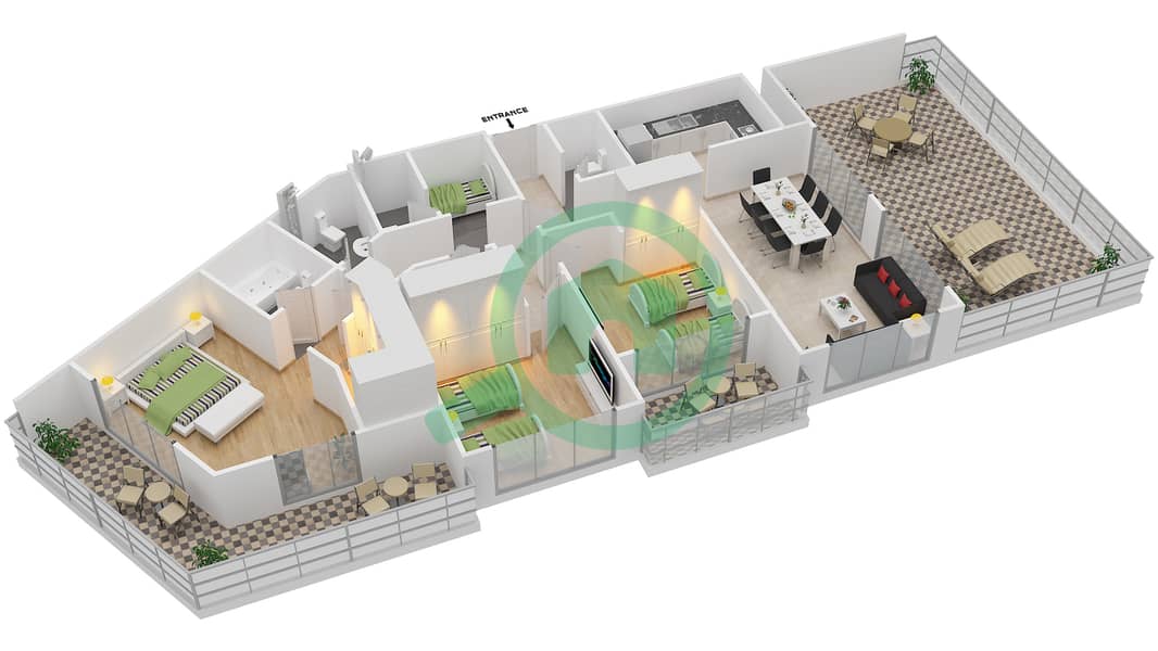 المخططات الطابقية لتصميم النموذج D شقة 3 غرف نوم - مانغروف بليس interactive3D