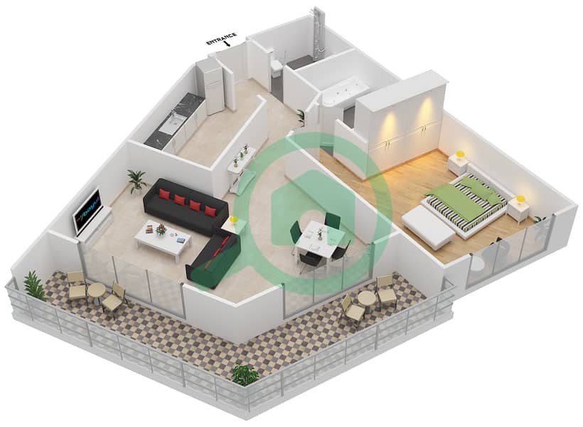 红树林广场 - 1 卧室公寓类型D戶型图 interactive3D