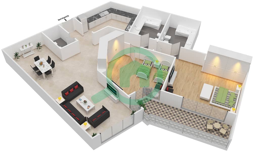 المخططات الطابقية لتصميم النموذج C شقة 2 غرفة نوم - مانغروف بليس interactive3D