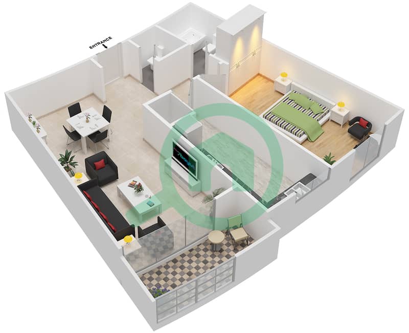 Al Dana 2 - 1 Bedroom Apartment Unit 5 Floor plan interactive3D