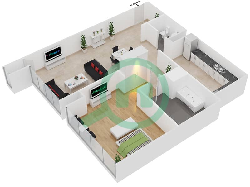 المخططات الطابقية لتصميم النموذج B1 شقة 1 غرفة نوم - مساكن أوشين تيراس interactive3D