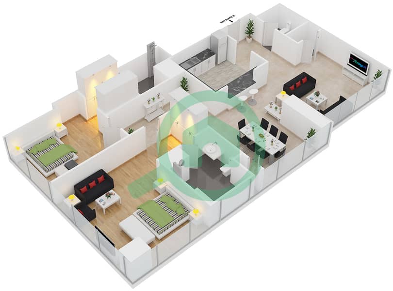 海滨露台公寓 - 2 卧室公寓类型G戶型图 interactive3D