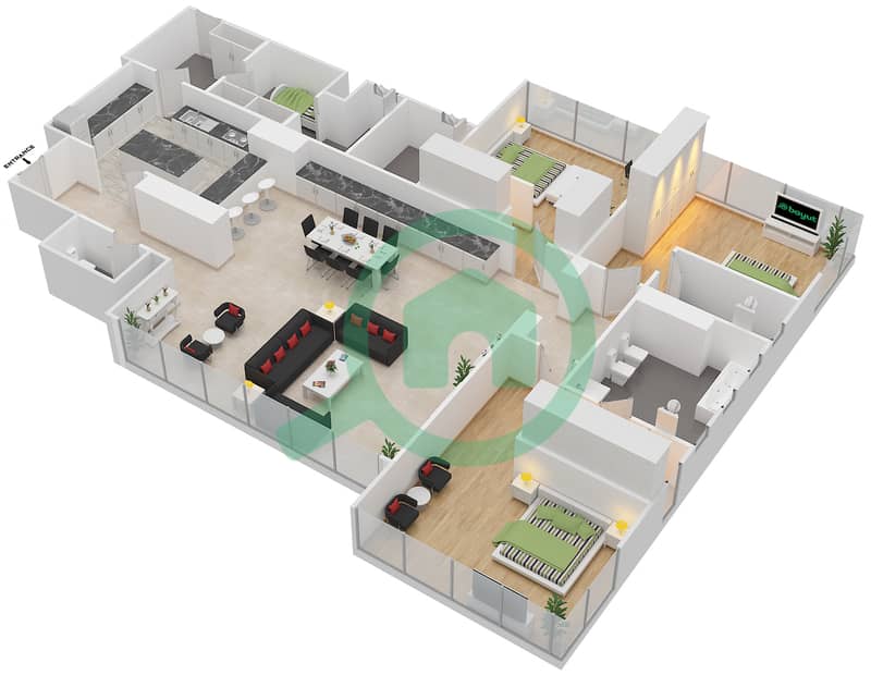 المخططات الطابقية لتصميم النموذج D شقة 3 غرف نوم - ماج 5 ريزيدنس (برج B2) interactive3D