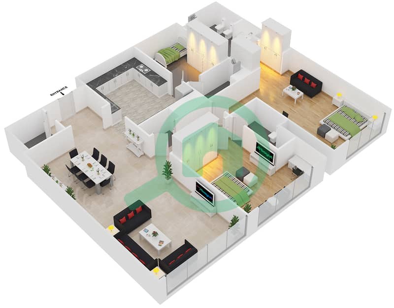 المخططات الطابقية لتصميم النموذج E شقة 2 غرفة نوم - مساكن أوشين تيراس interactive3D