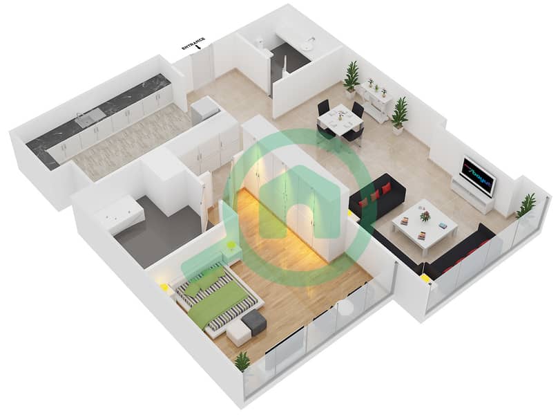 المخططات الطابقية لتصميم النموذج C شقة 1 غرفة نوم - مساكن أوشين تيراس interactive3D