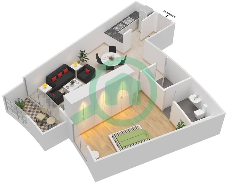 المخططات الطابقية لتصميم الوحدة 9 شقة 1 غرفة نوم - الدانا 2 interactive3D
