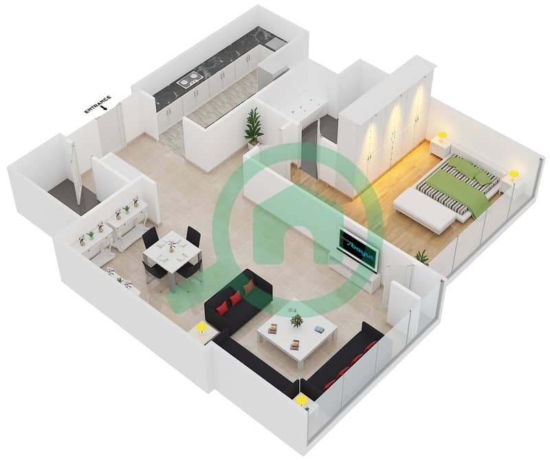 المخططات الطابقية لتصميم النموذج C1 شقة 1 غرفة نوم - مساكن أوشين تيراس interactive3D