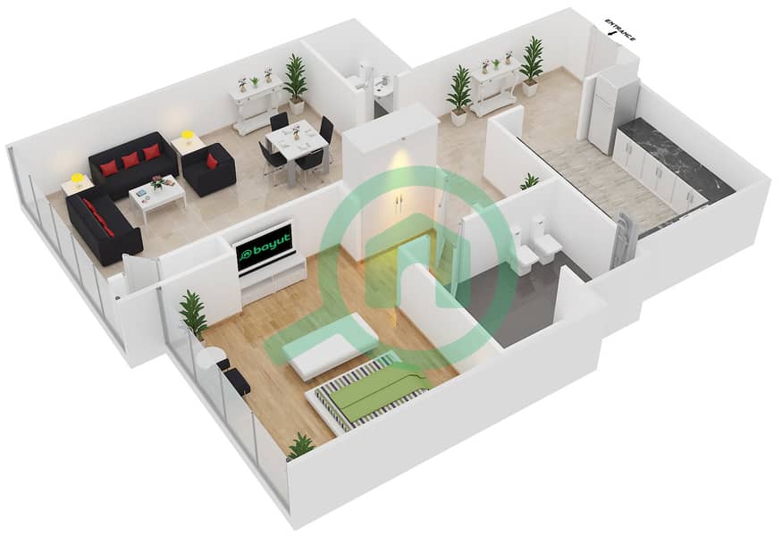 Оушн Террас Резиденс - Апартамент 1 Спальня планировка Тип A interactive3D
