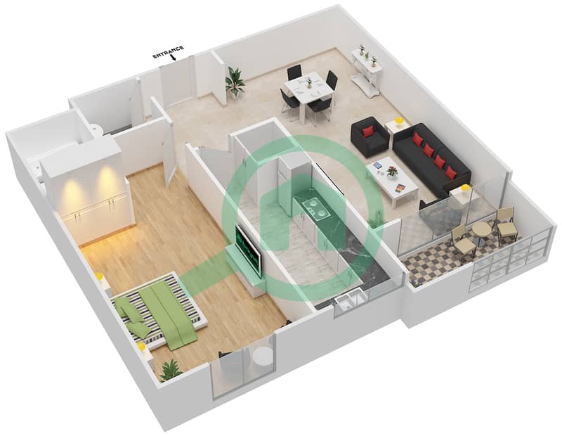 Al Dana 2 - 1 Bedroom Apartment Unit 2 Floor plan interactive3D