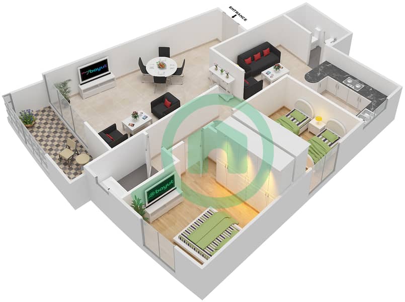 المخططات الطابقية لتصميم الوحدة 6 شقة 2 غرفة نوم - الدانا 2 interactive3D