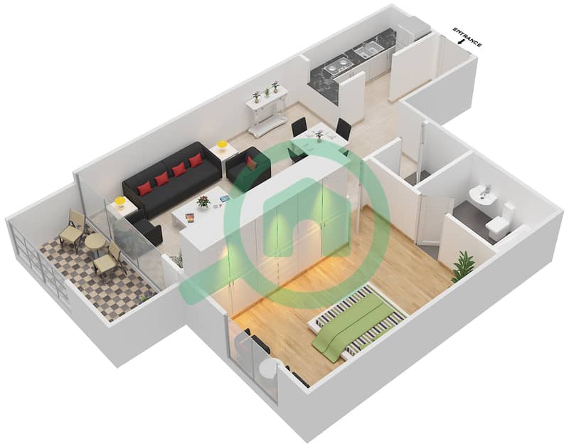 المخططات الطابقية لتصميم الوحدة 11 شقة 1 غرفة نوم - الدانا 2 interactive3D