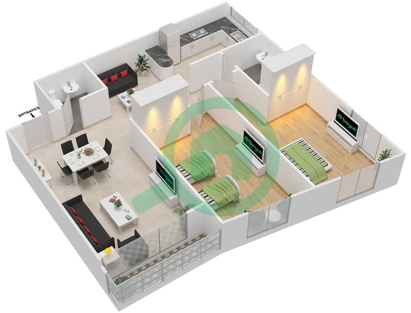 المخططات الطابقية لتصميم الوحدة 1 شقة 2 غرفة نوم - الدانا 2 interactive3D